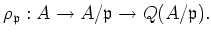 $\displaystyle \rho_\mathfrak{p}:A \to A/\mathfrak{p}\to Q(A/\mathfrak{p}).
$