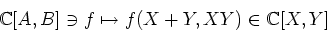 \begin{displaymath}{\Bbb C}[A,B]\ni f \mapsto f(X+Y,XY) \in {\Bbb C}[X,Y]
\end{displaymath}