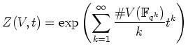 % latex2html id marker 808
$ \displaystyle Z(V,t)= \exp \left (
\sum_{k=1}^\infty \frac{\char93  V({\mathbb{F}}_{q^k})}{k}t^k \right) $