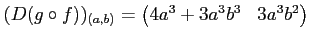 $\displaystyle (D(g\circ f))_{(a,b)}=
\begin{pmatrix}
4 a^3 +3 a^3 b^3& 3 a^3 b^2
\end{pmatrix}$