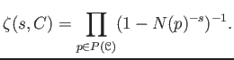 $\displaystyle \zeta(s, C)= \prod_{p \in P(\mathcal{C})} (1-N(p)^{-s} )^{-1}.
$